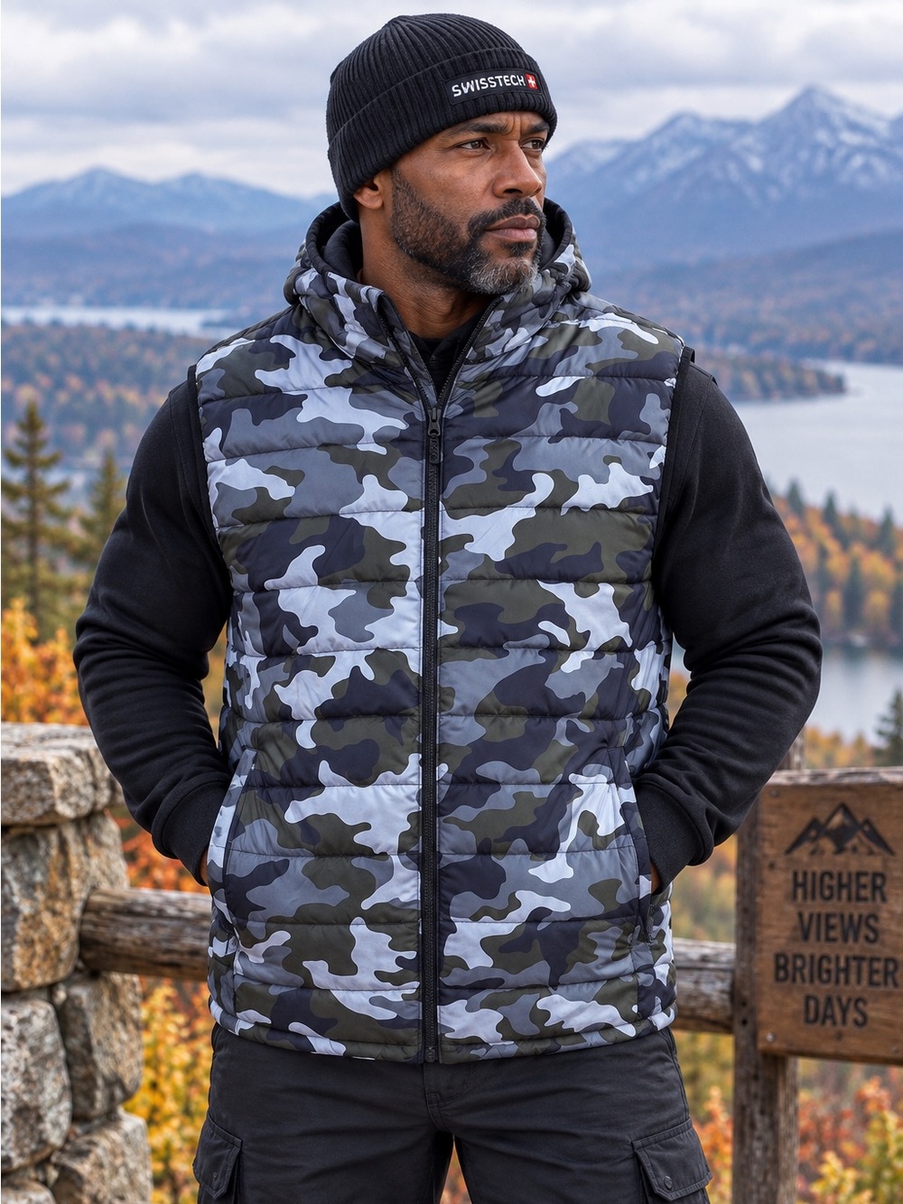 SwissTech Men’s XL Camo Puffer Vest Gray Olive Black